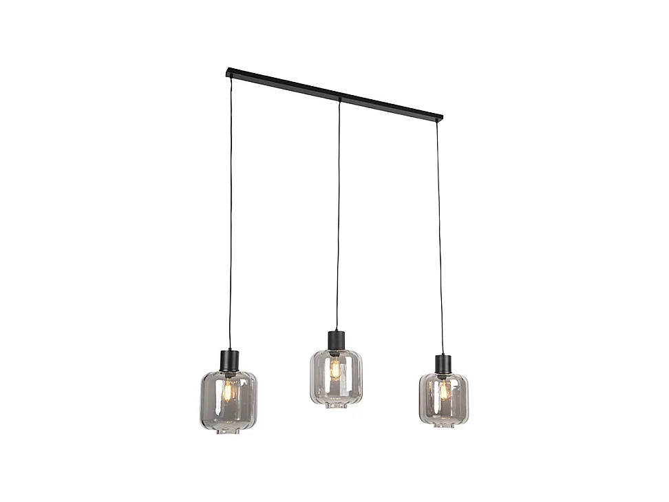 Lampe à suspension design noir avec verre fumé 3 lumières 161,5 cm - Qara