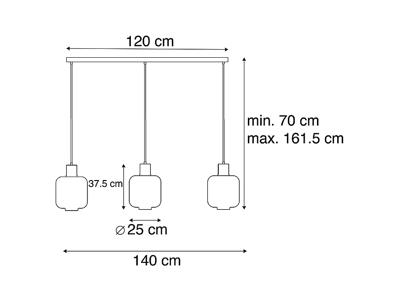 Suspension design noire avec verre fumé 3 lumières 161,5 cm - Qara
