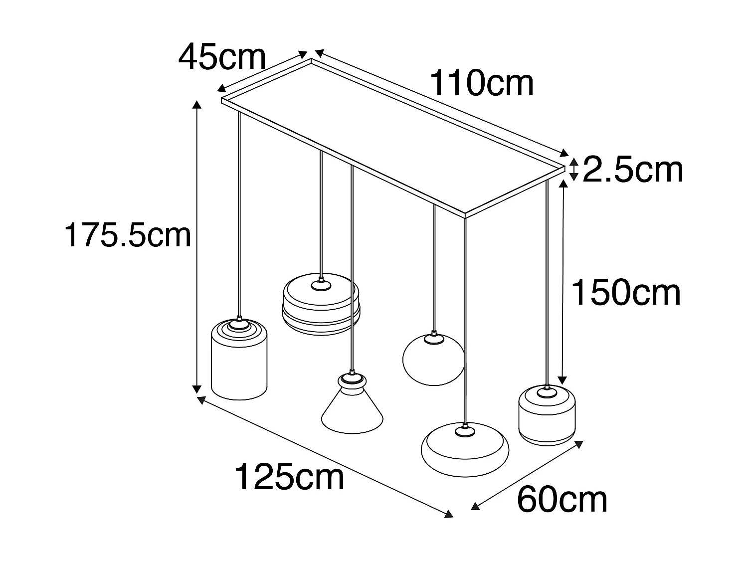 Suspension Art Déco noire avec verre fumé 6 lumières - Wallace