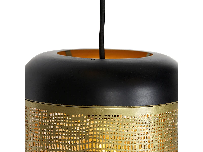 Suspension vintage noire avec abat-jour rond en laiton 3 lumières - Kayleigh