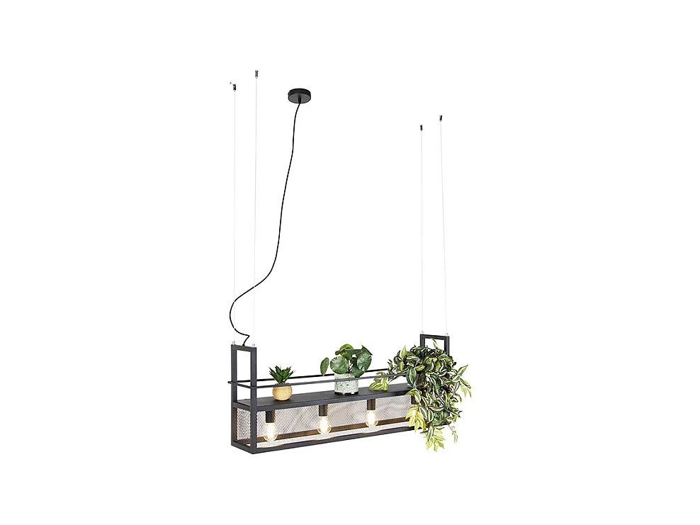 Suspension industrielle noire avec maille 4 lumières - Cage Rack