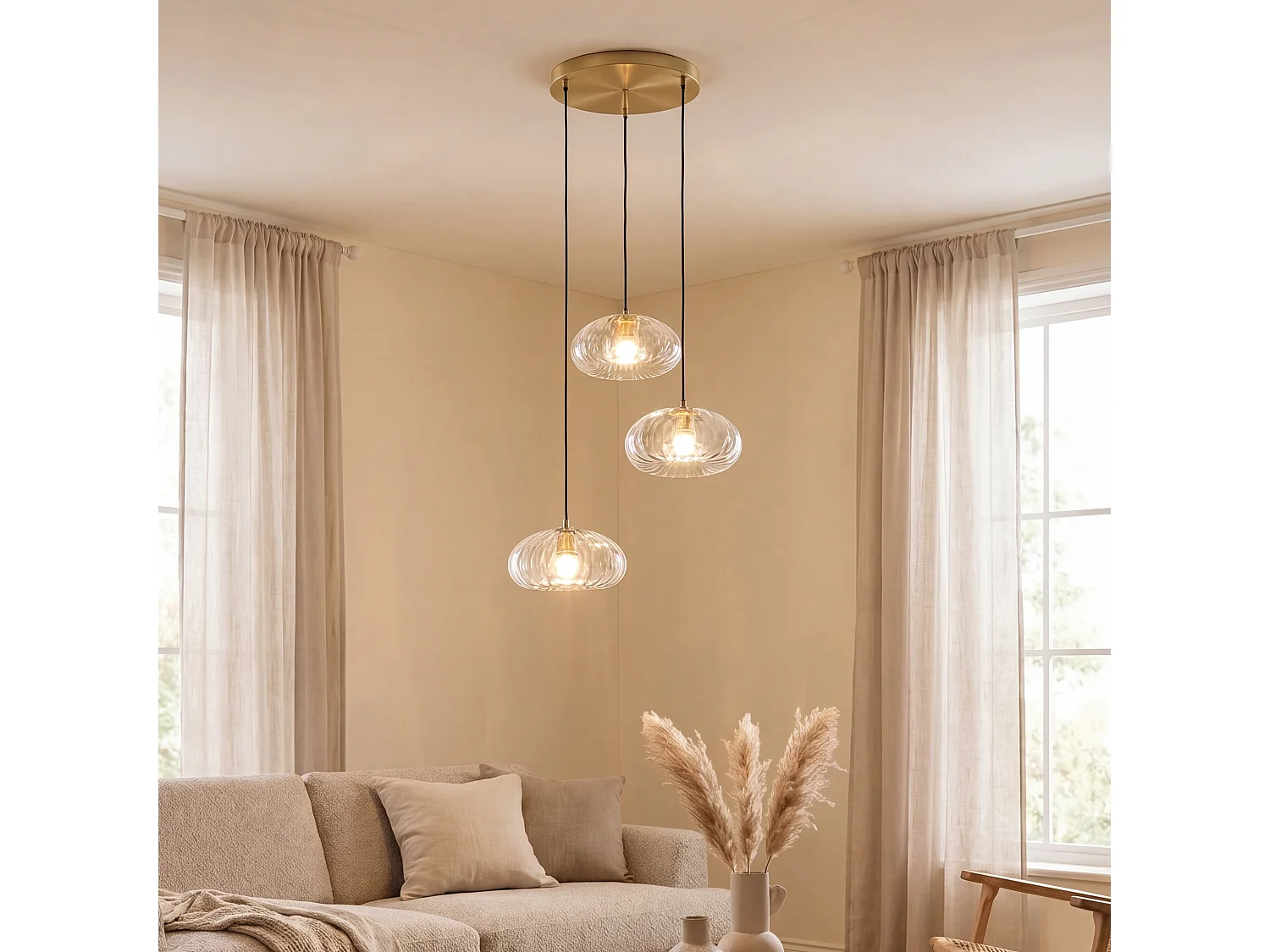 Suspension Art Déco dorée avec verre rond 3 lumières - Ayesha