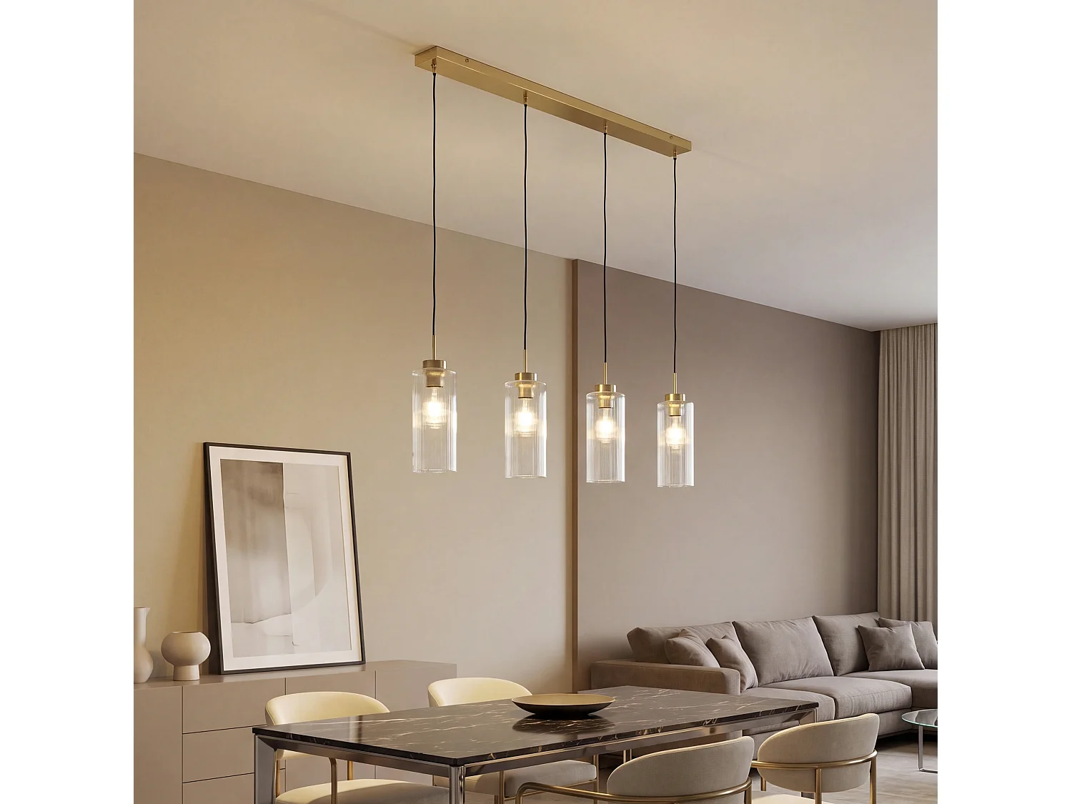 Suspension Art Déco dorée avec verre 4 lumières - Laura