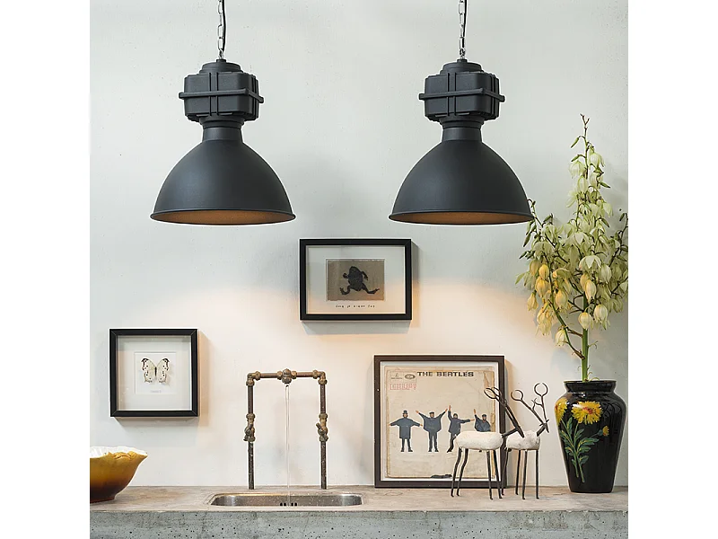 Lot de 2 lampes à suspension industrielles petit noir mat - Sicko