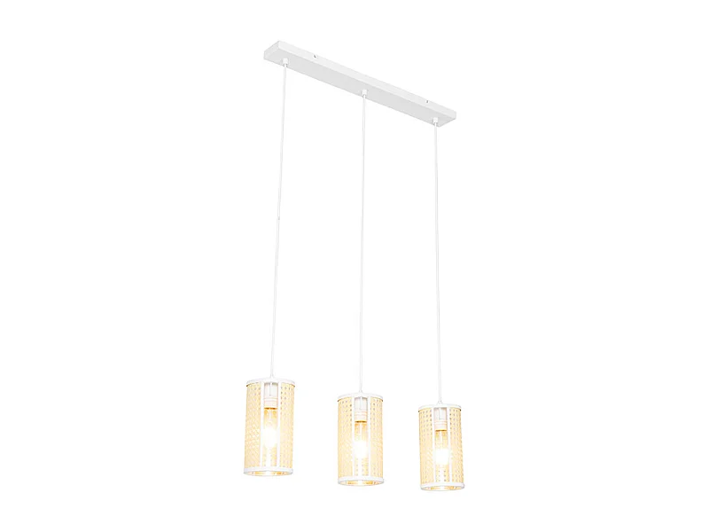 Suspension rétro blanche avec rotin 3 lumières allongée - Akira