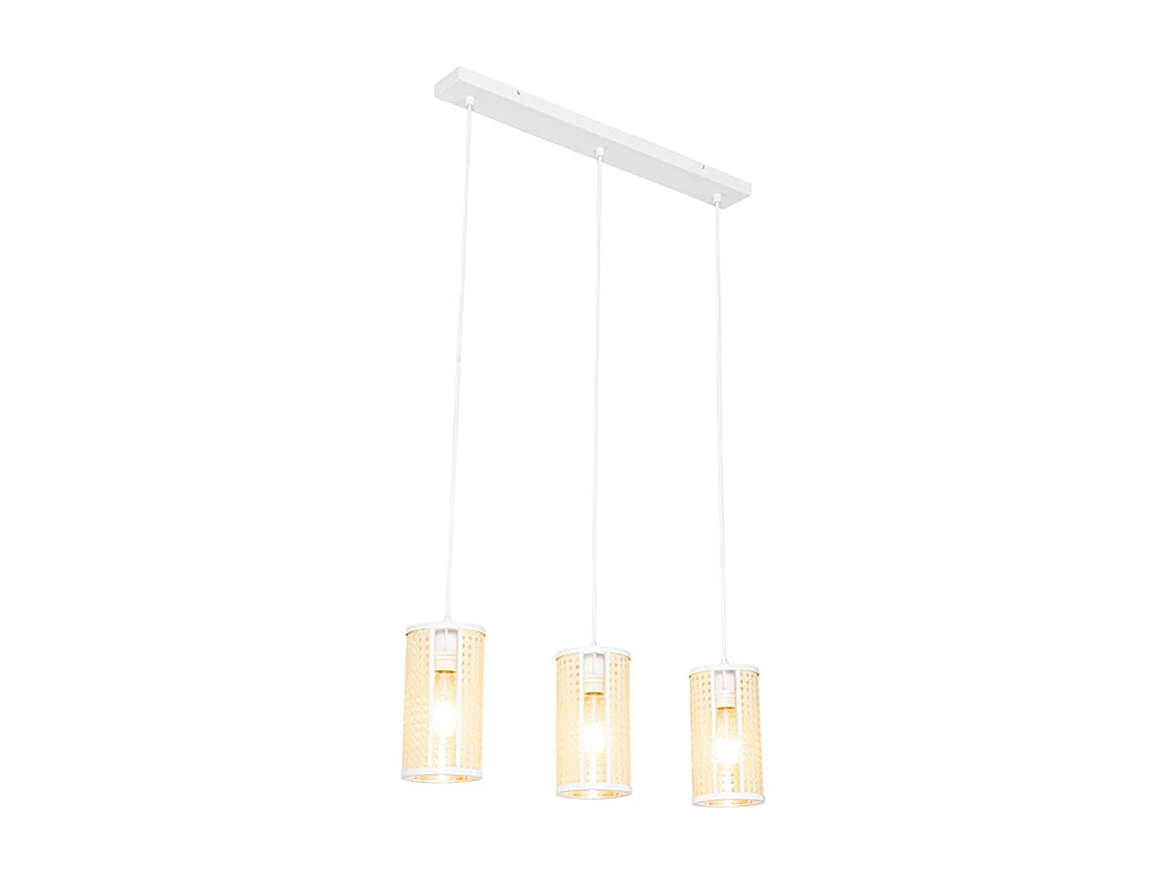 Suspension rétro blanche avec rotin 3 lumières allongée - Akira