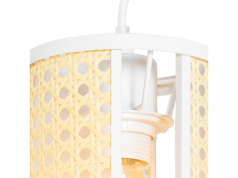 Suspension rétro blanche avec rotin 3 lumières allongée - Akira