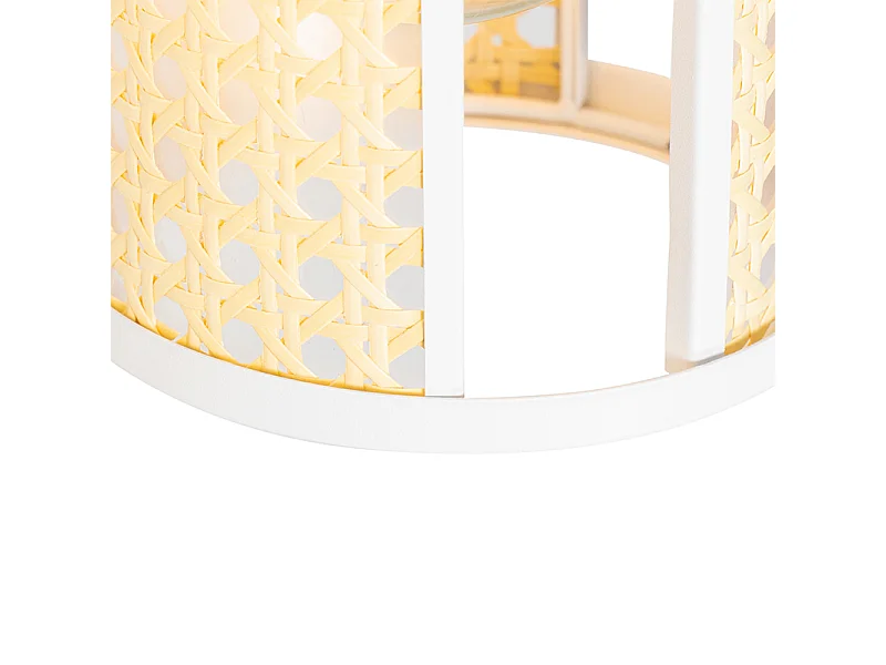 Suspension rétro blanche avec rotin 3 lumières allongée - Akira