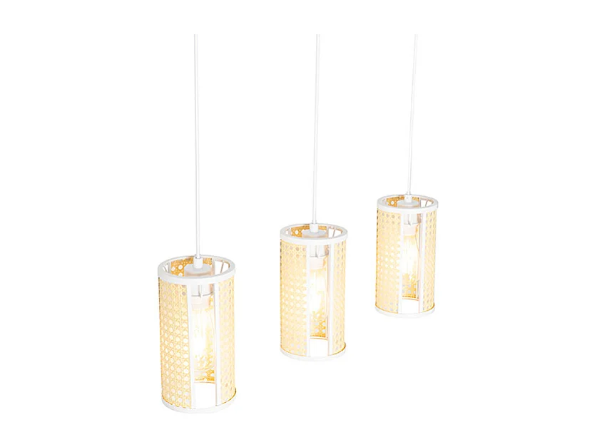 Suspension rétro blanche avec rotin 3 lumières allongée - Akira