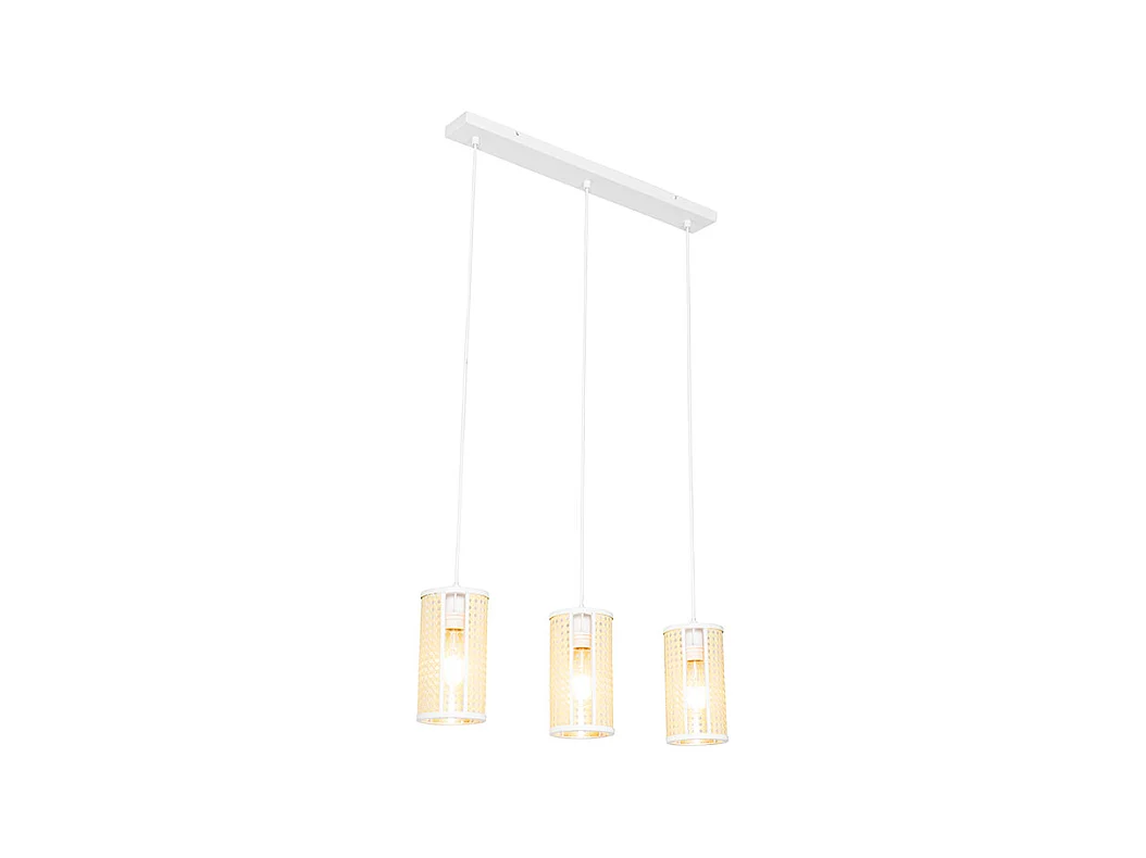 Suspension rétro blanche avec rotin 3 lumières allongée - Akira