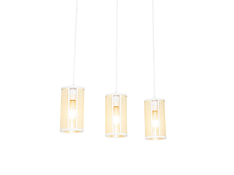 Suspension orientale blanche avec rotin 3 lumières oblongue - Akira