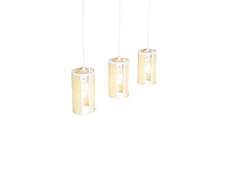Suspension orientale blanche avec rotin 3 lumières oblongue - Akira