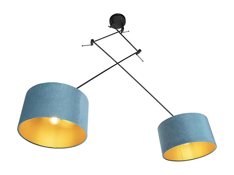 Suspension noire avec abat-jour en velours bleu et or 35 cm 2 lumières - Blitz
