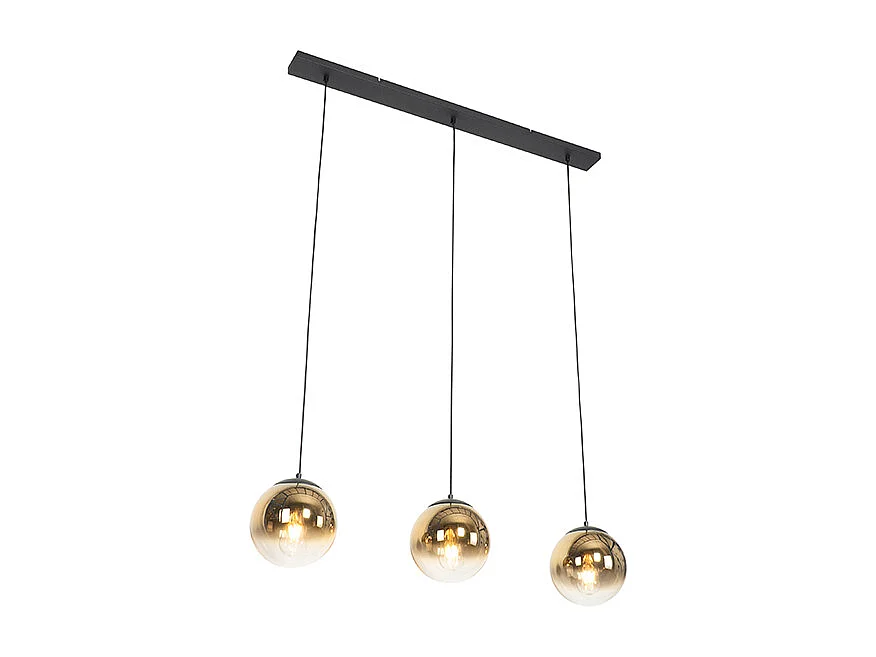 Suspension Art Déco noire à 3 lumières allongée dorée - Pallon