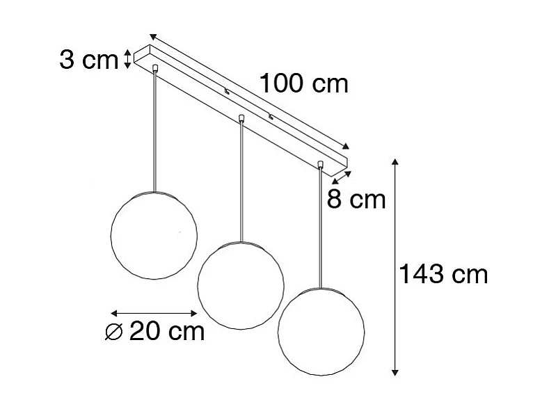 Suspension Art Déco noire avec verre doré oblong 3 lumières - Pallon