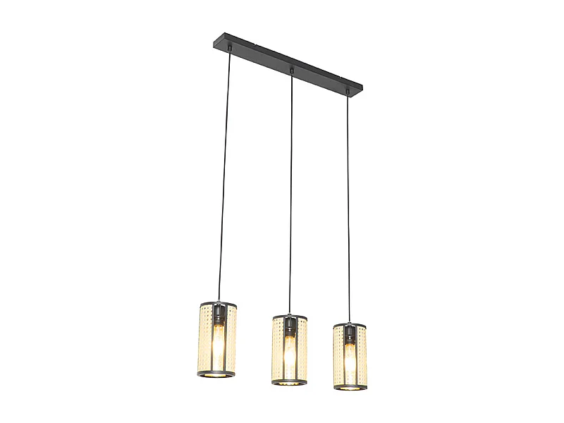 Lampe à Suspension orientale allongée noire avec rotin 3 ampoules - Akira