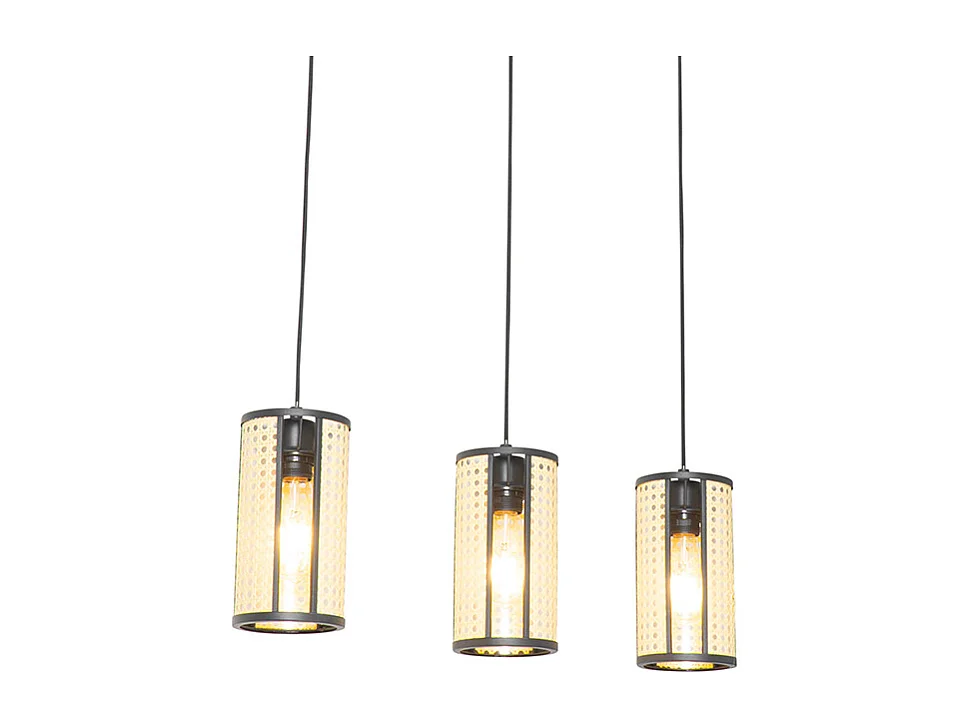Lampe à Suspension orientale allongée noire avec rotin 3 ampoules - Akira