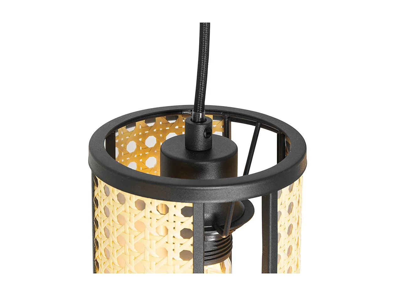 Suspension orientale noire avec rotin 3 lumières oblongue - Akira