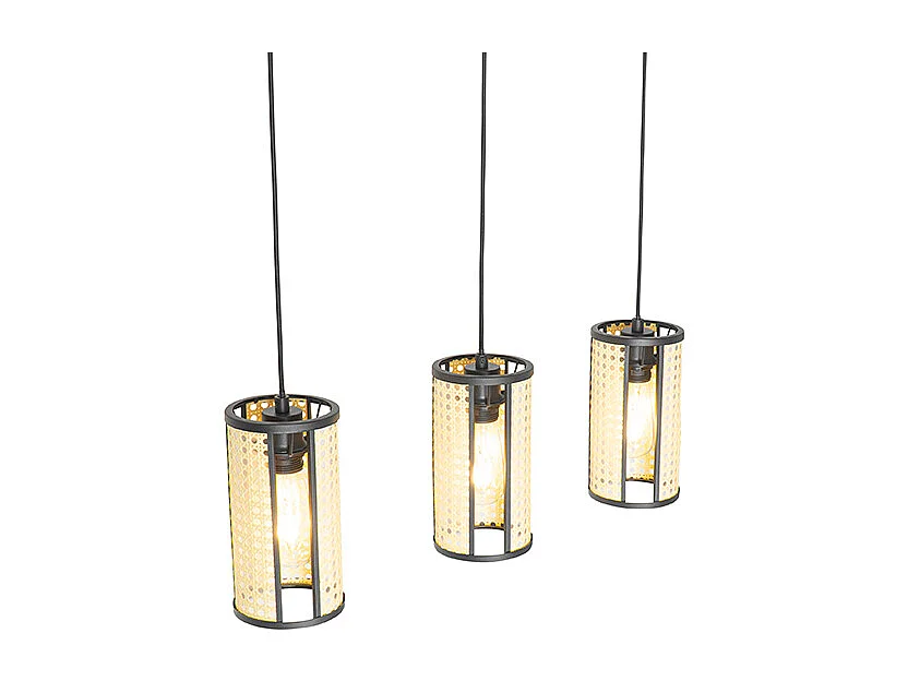 Suspension orientale noire avec rotin 3 lumières oblongue - Akira