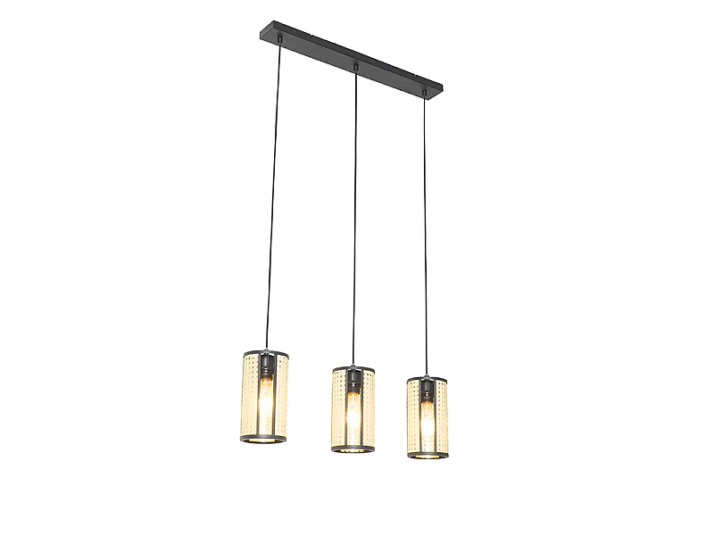 Suspension orientale noire avec rotin 3 lumières oblongue - Akira