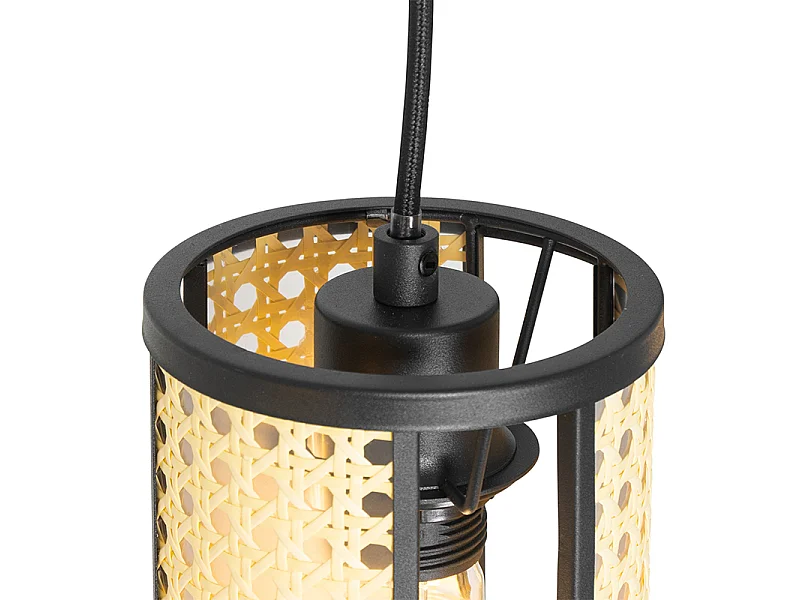 Suspension orientale noire avec rotin 3 lumières oblongue - Akira