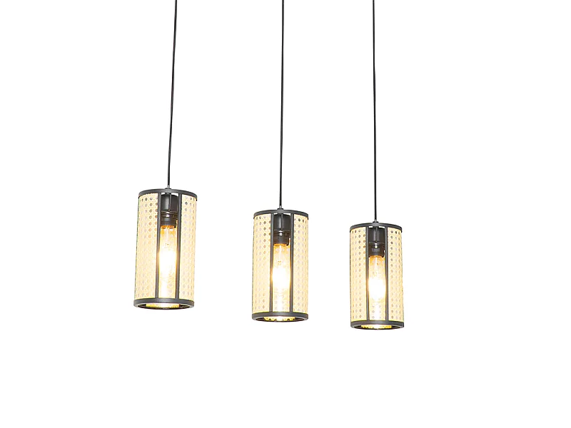 Suspension orientale noire avec rotin 3 lumières oblongue - Akira