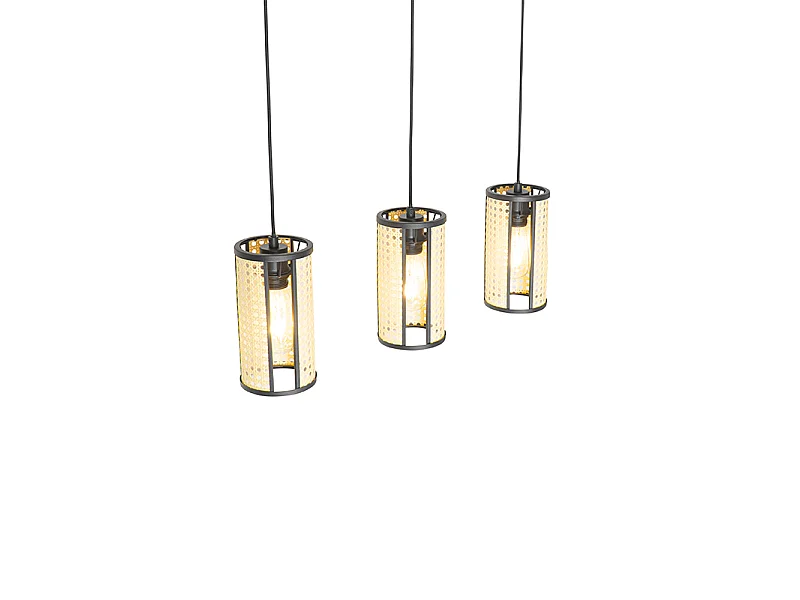 Suspension orientale noire avec rotin 3 lumières oblongue - Akira