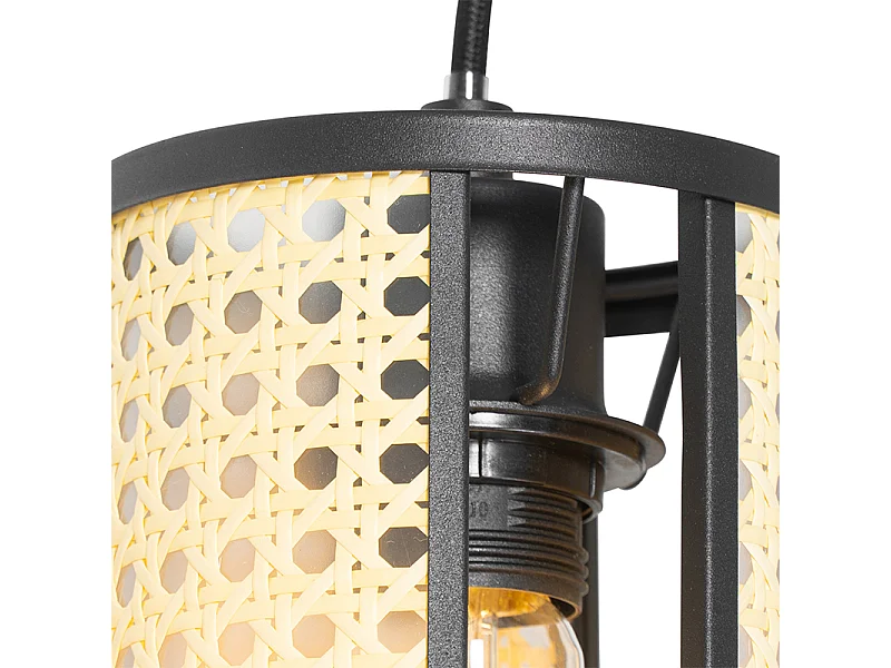 Suspension orientale noire avec rotin 3 lumières oblongue - Akira