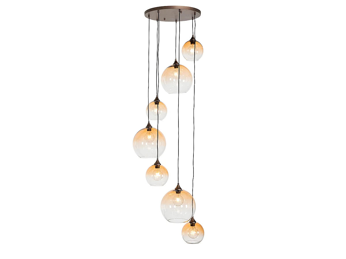 Suspension Art Déco bronze foncé avec verre ambré 7 lumières - Sandra