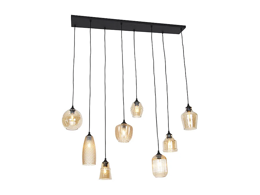 Suspension Art Déco noire avec verre ambré 8 lumières - Hanne