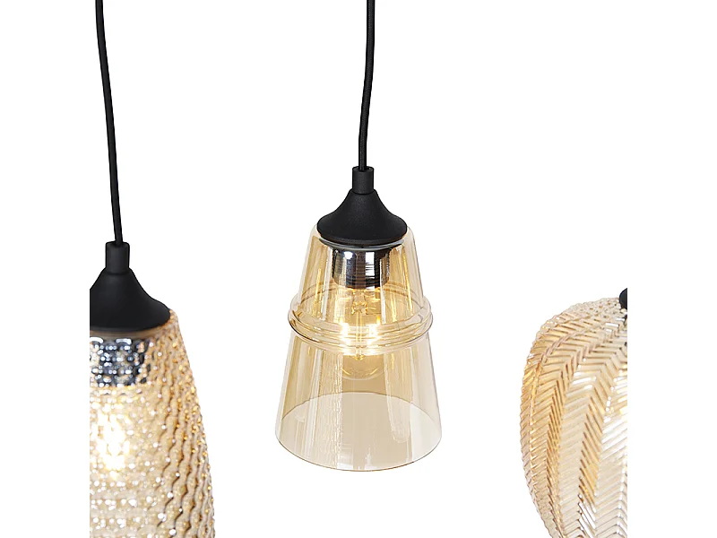 Suspension Art Déco noire avec verre ambré 8 lumières - Hanne