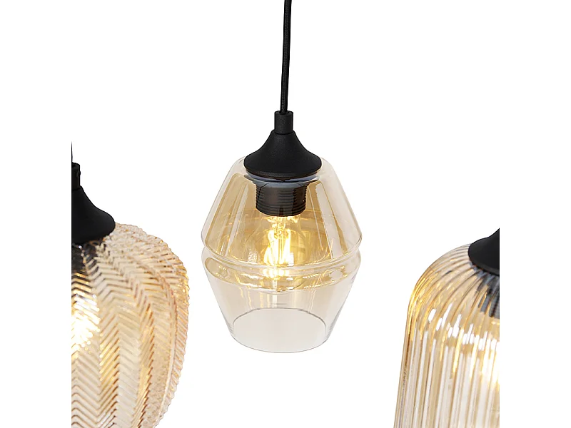 Suspension Art Déco noire avec verre ambré 8 lumières - Hanne