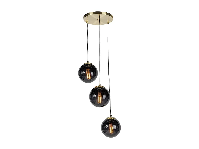 Lampe à suspension Art Déco en laiton avec verre noir à 3 lumières - Pallon