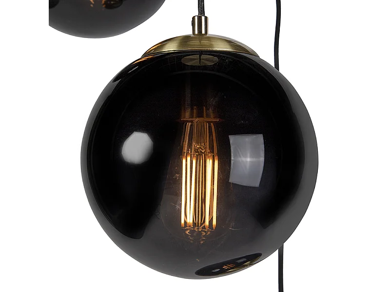 Lampe à suspension Art Déco en laiton avec verre noir à 3 lumières - Pallon