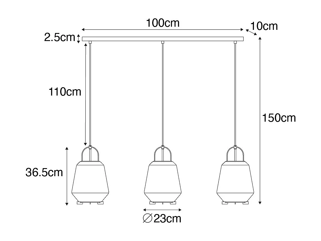 Suspension noire avec verre fumé 23 cm oblongue 3 lumières - Kevin