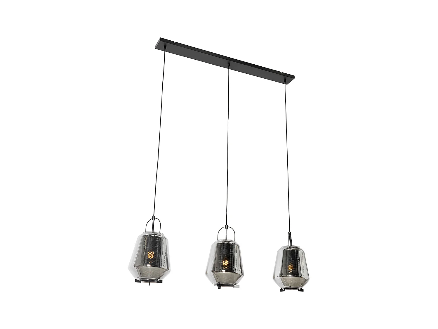 Suspension noire avec verre fumé 23 cm oblongue 3 lumières - Kevin