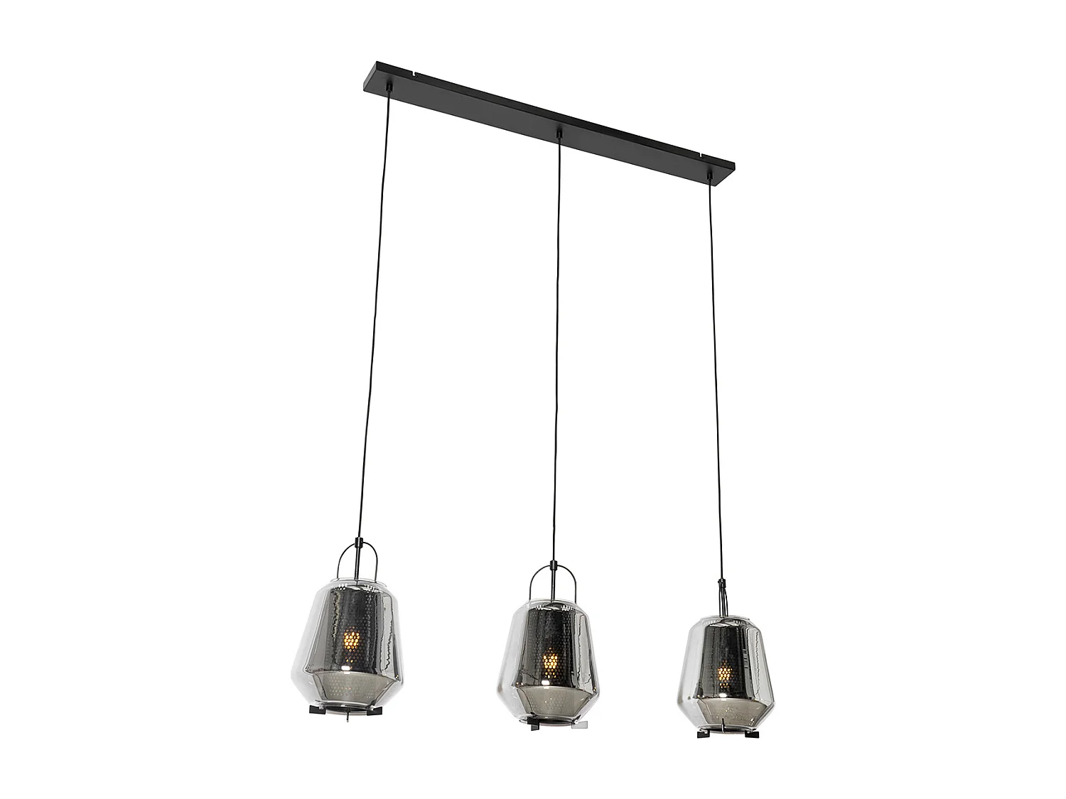 Suspension noire avec verre fumé 23 cm oblongue 3 lumières - Kevin