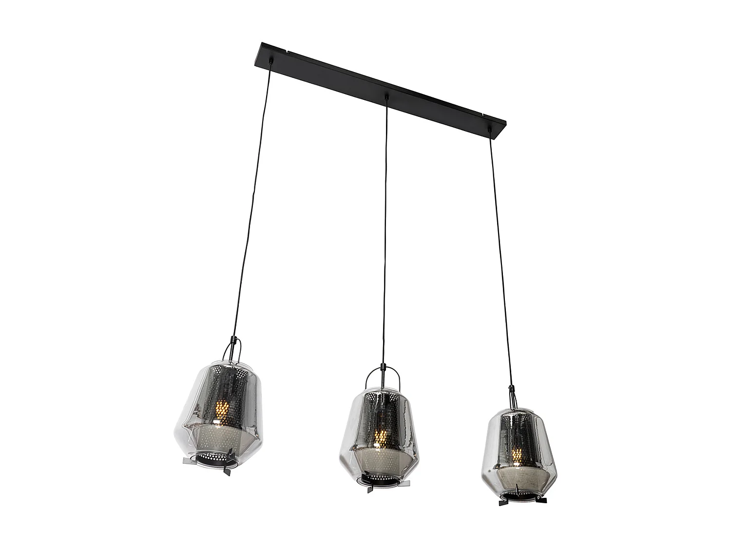 Suspension noire avec verre fumé 23 cm oblongue 3 lumières - Kevin