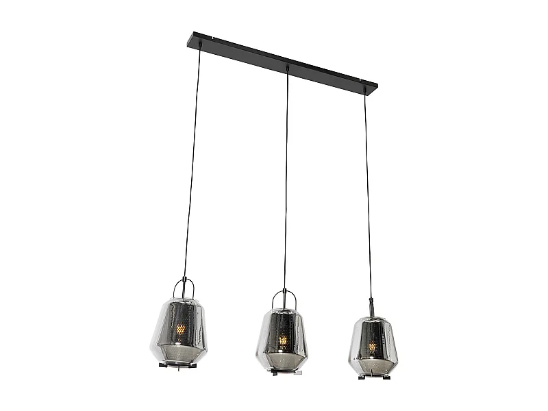 Suspension noire avec verre fumé 23 cm oblongue 3 lumières - Kevin