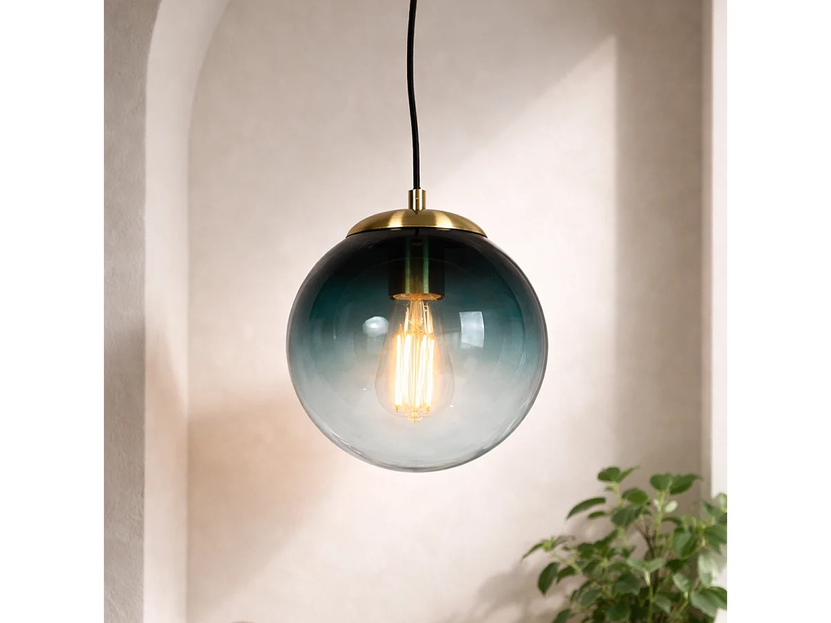 Suspension Art déco en laiton avec verre bleu océan 20 cm - Pallon