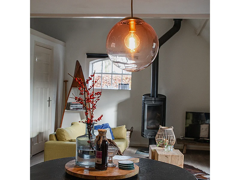 Suspension Art déco en laiton avec verre rose 33 cm - Pallon