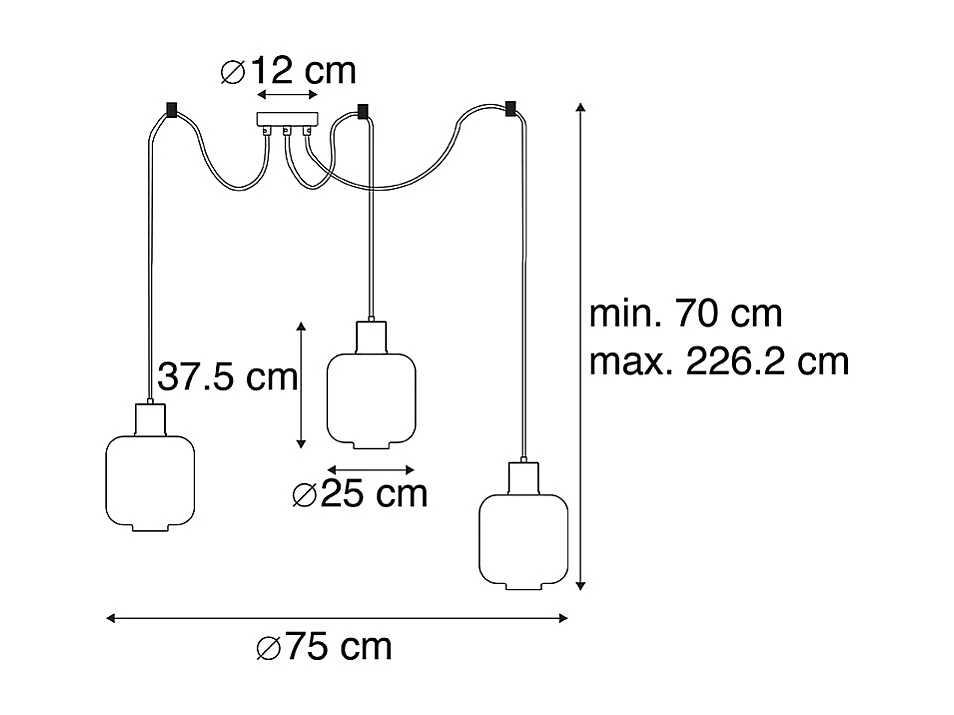 Lampe à suspension design noir avec verre fumé 3 lumières 226 cm - Qara