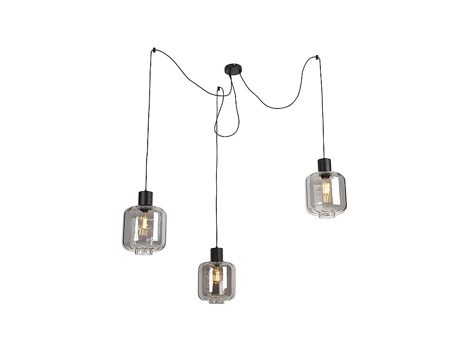 Lampe à suspension design noir avec verre fumé 3 lumières 226 cm - Qara