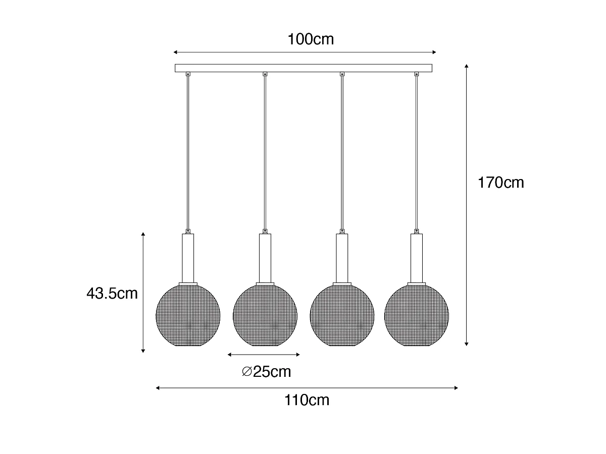 Suspension design noire avec verre fumé 4 lumières - Chico