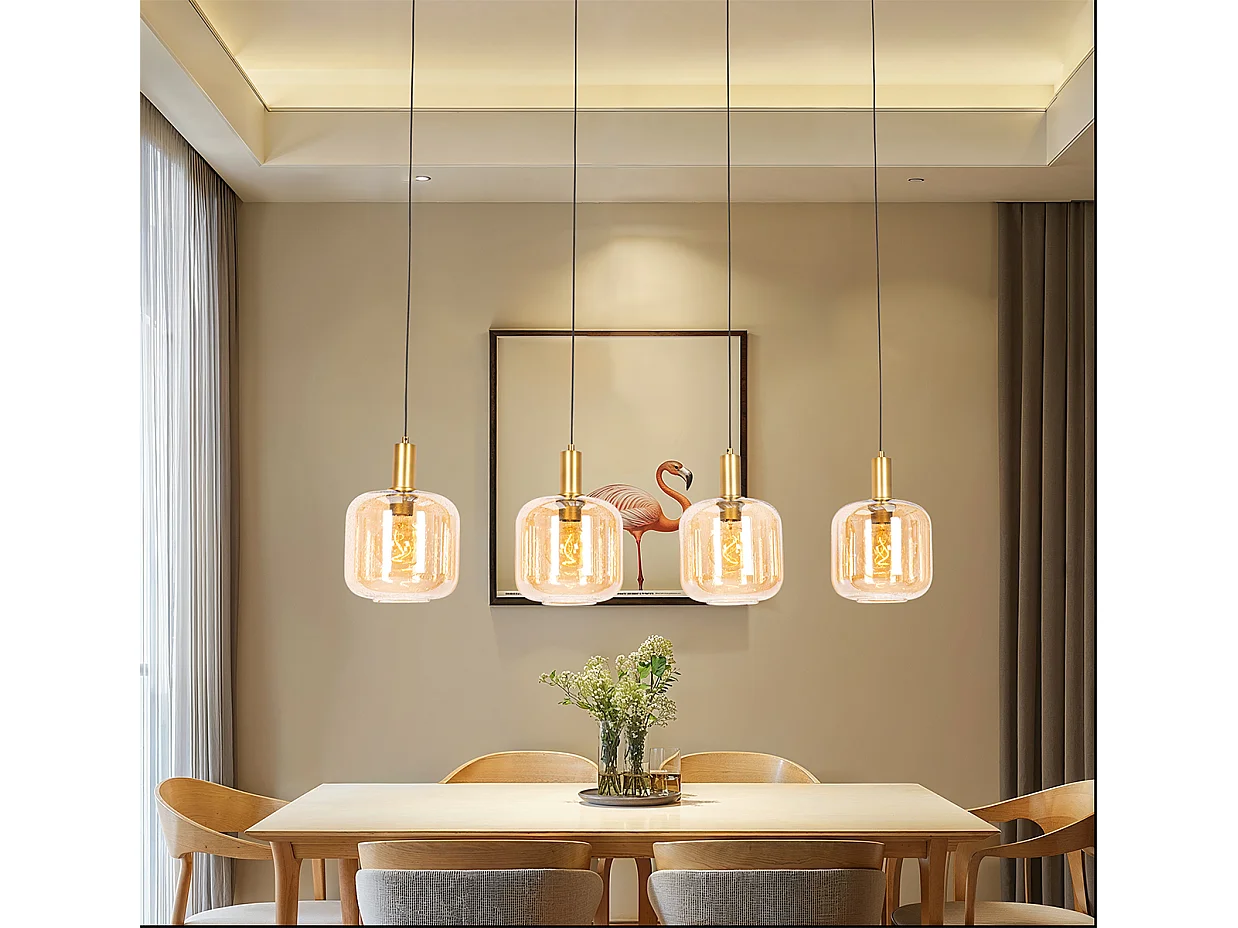 Lampe à suspension design noire avec laiton et verre ambré 4 lumières - Zuzanna