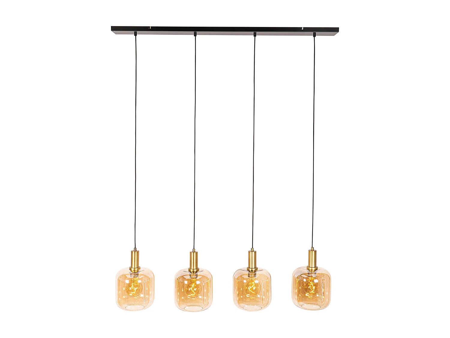 Lampe à suspension design noire avec laiton et verre ambré 4 lumières - Zuzanna