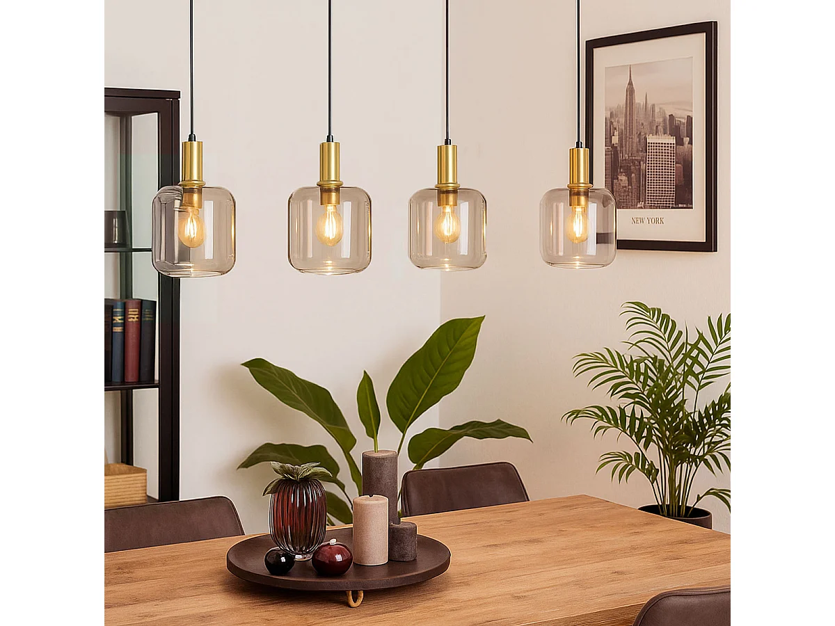 Suspension design noire avec laiton et verre ambre 4 lumières - Zuzanna