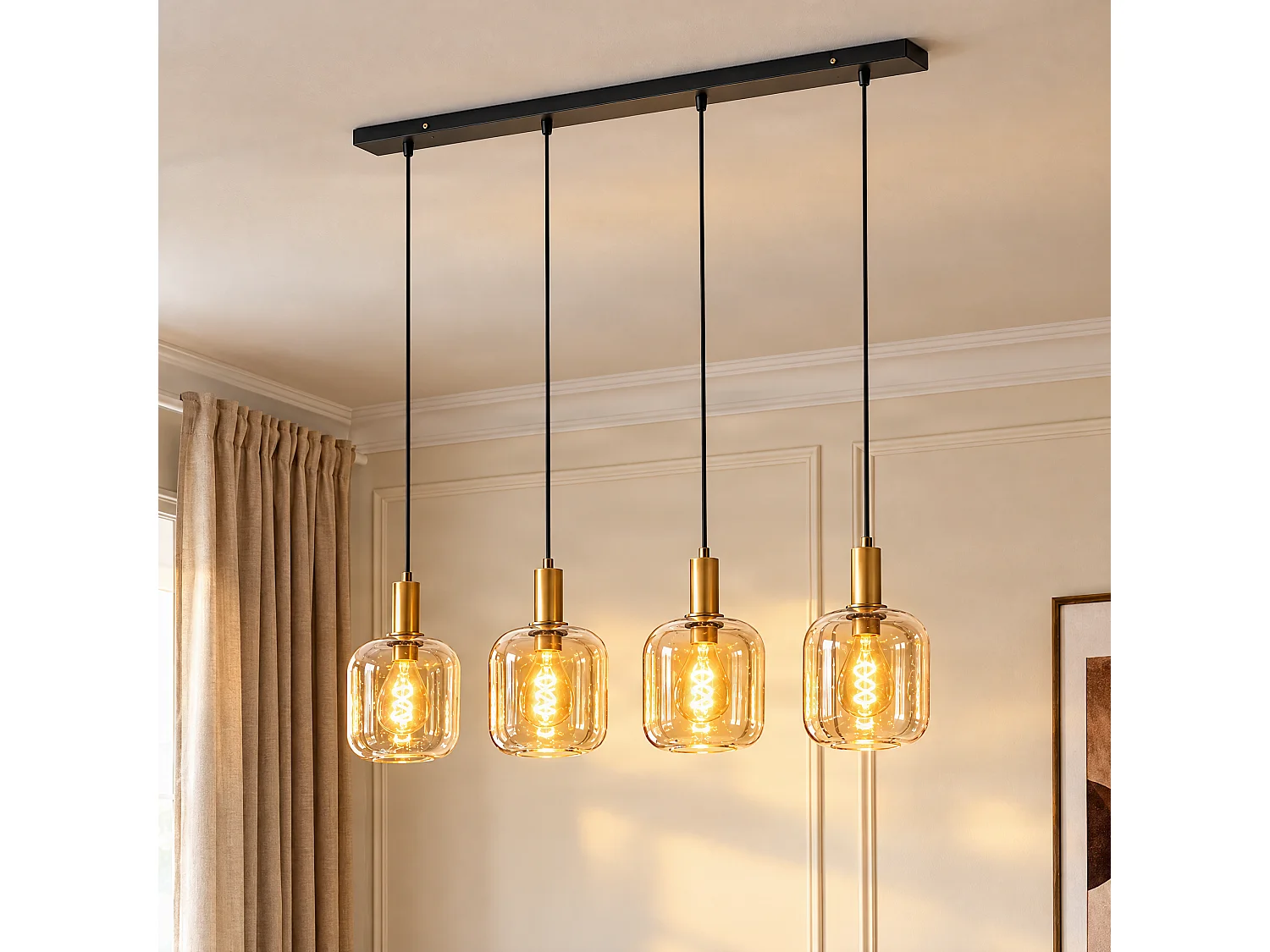 Suspension design noire avec laiton et verre ambre 4 lumières - Zuzanna