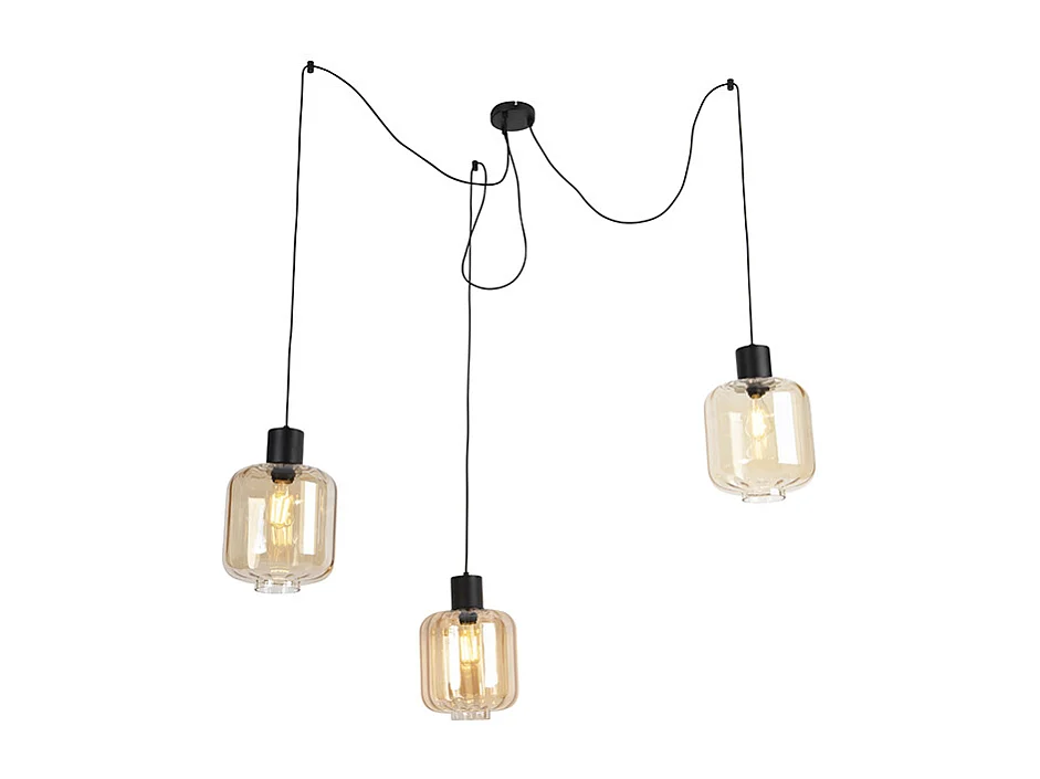 Lampe à suspension design noir avec verre ambré 3 lumières 226 cm - Qara