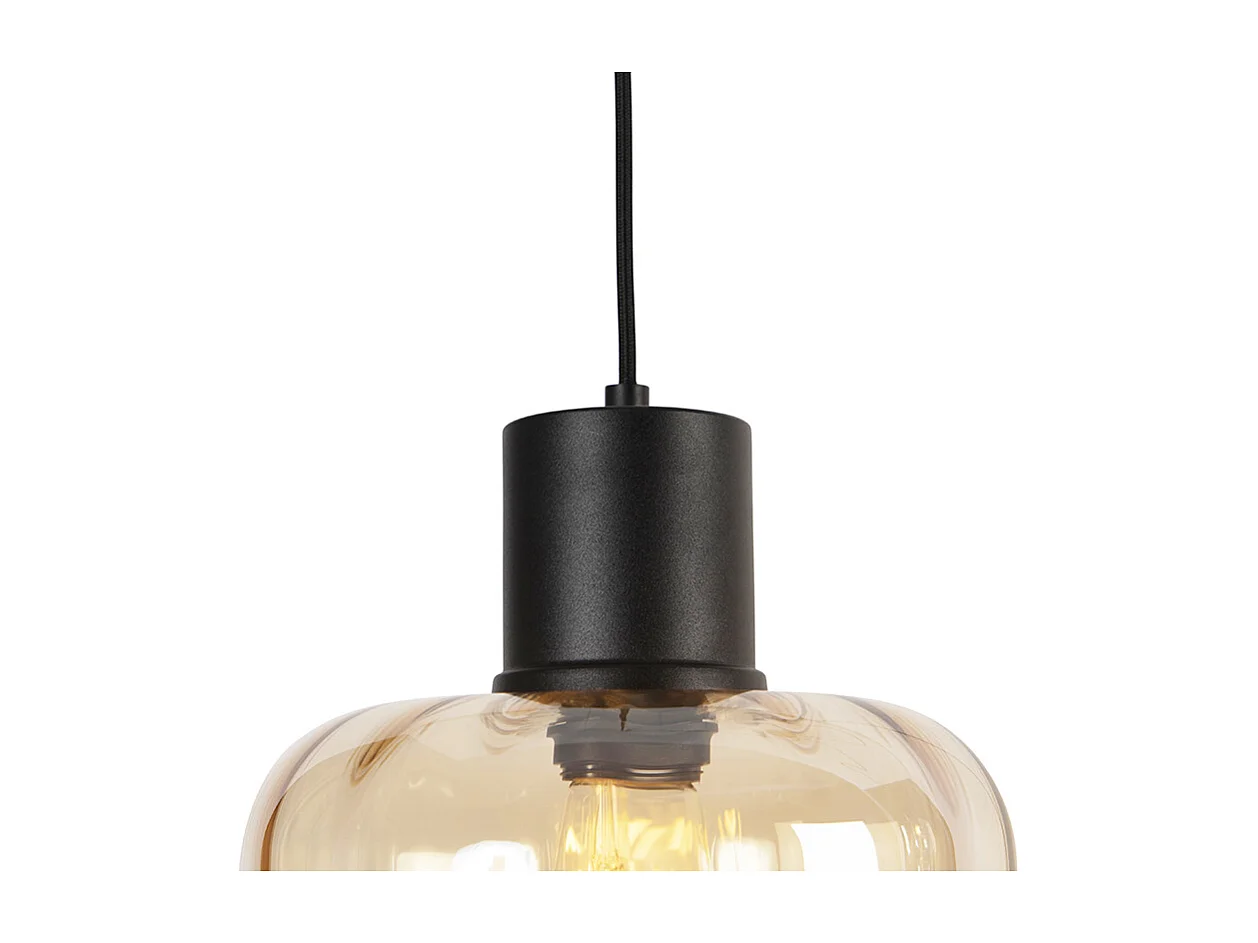 Lampe à suspension design noir avec verre ambré 3 lumières 226 cm - Qara